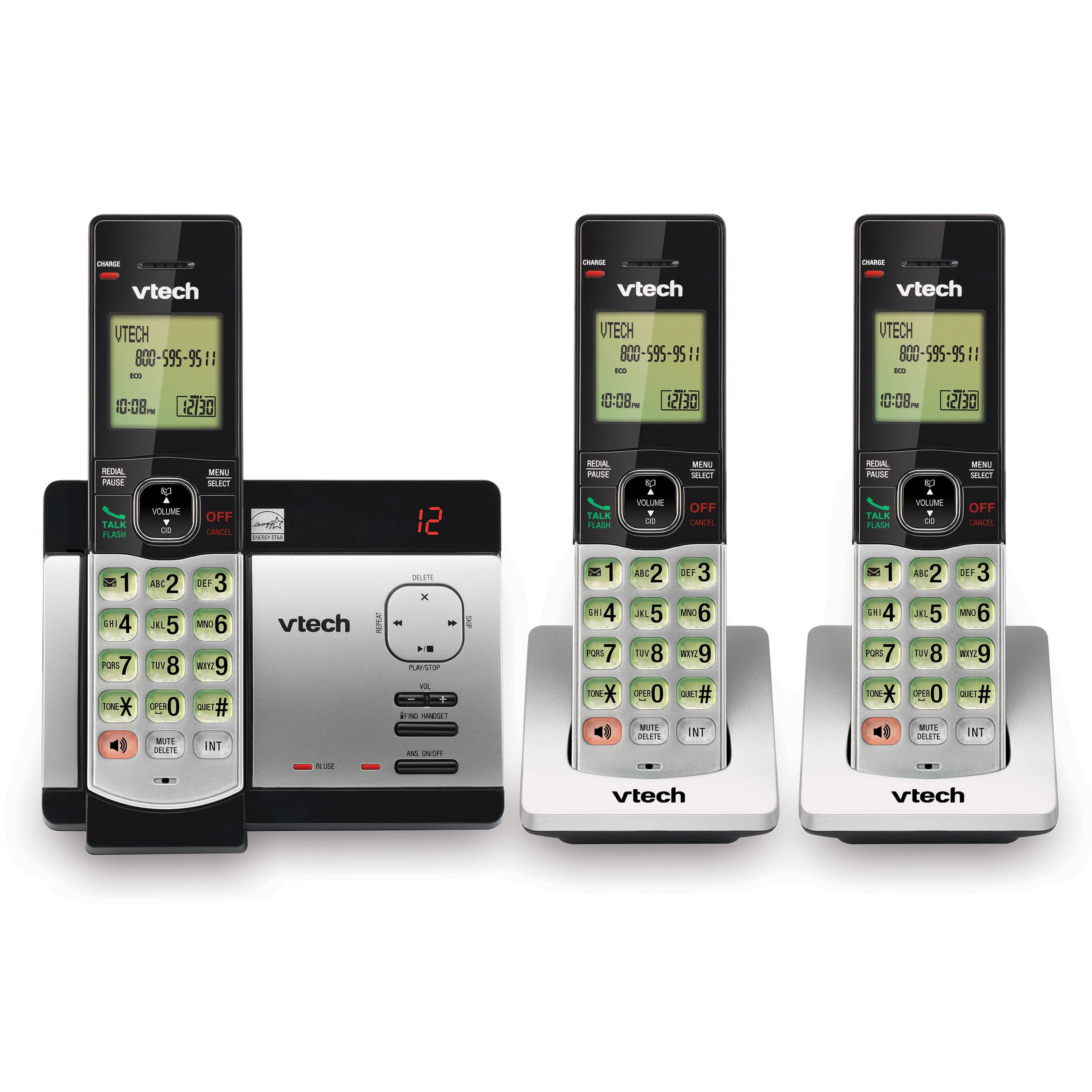 VTech CS6529-3 3-Handset Expandable Cordless Phone with Answering  System-Caller ID/Call Waiting & Backlit Display/Keypad, Silver