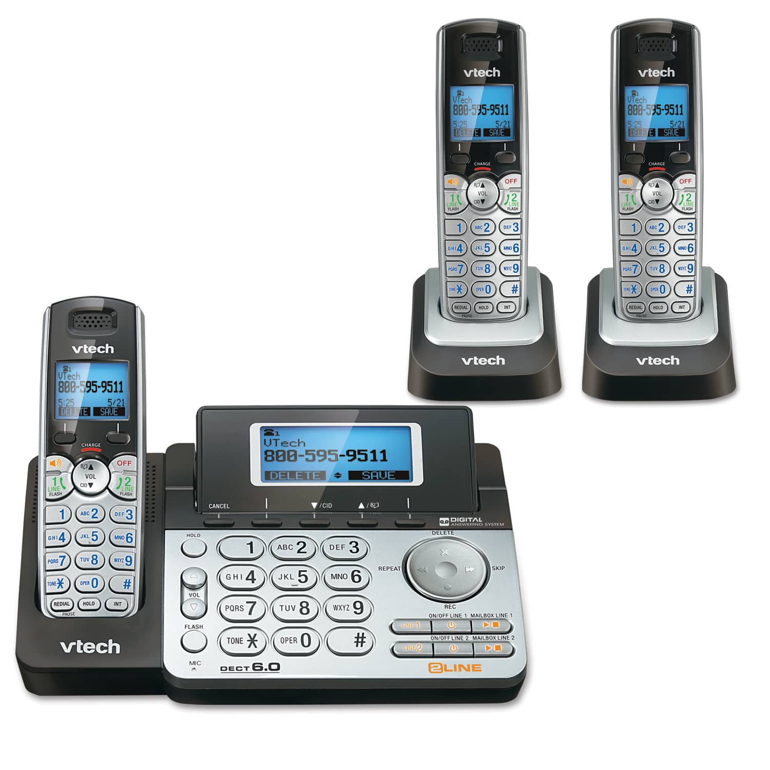 VTech DS6151-2 2 Handset 2-Line Cordless Phone System for Home or Small Business with Digital Answering System & Mailbox on Each line Silver 