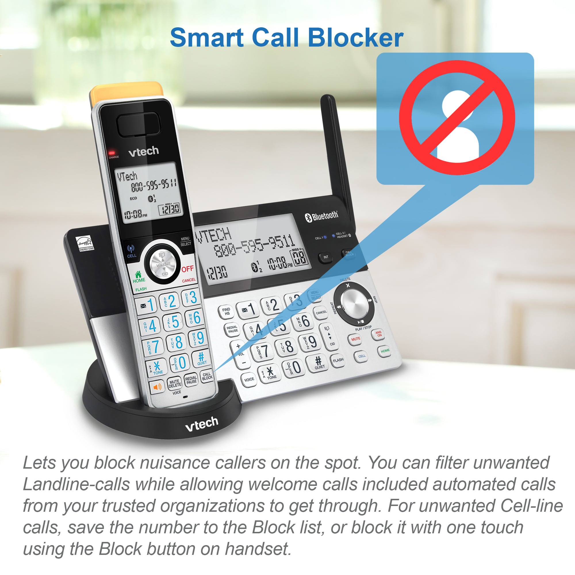 5-Handset Expandable Cordless Phone with Super Long Range, Bluetooth Connect to Cell, Smart Call Blocker and Answering System - view 2