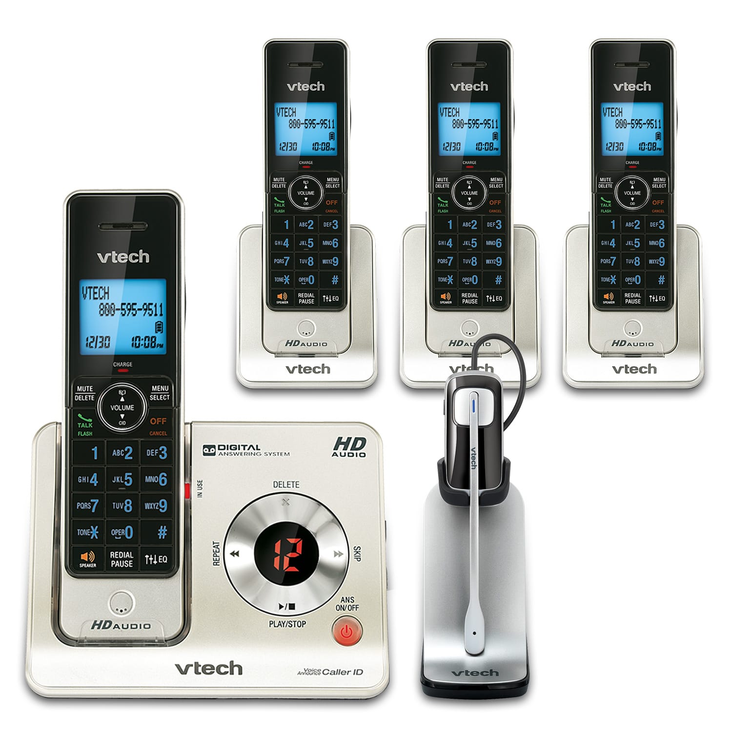 2 LS6405 Vtech Voice ID Answering System 4 Cordless Phones & Headset LS6475-3 
