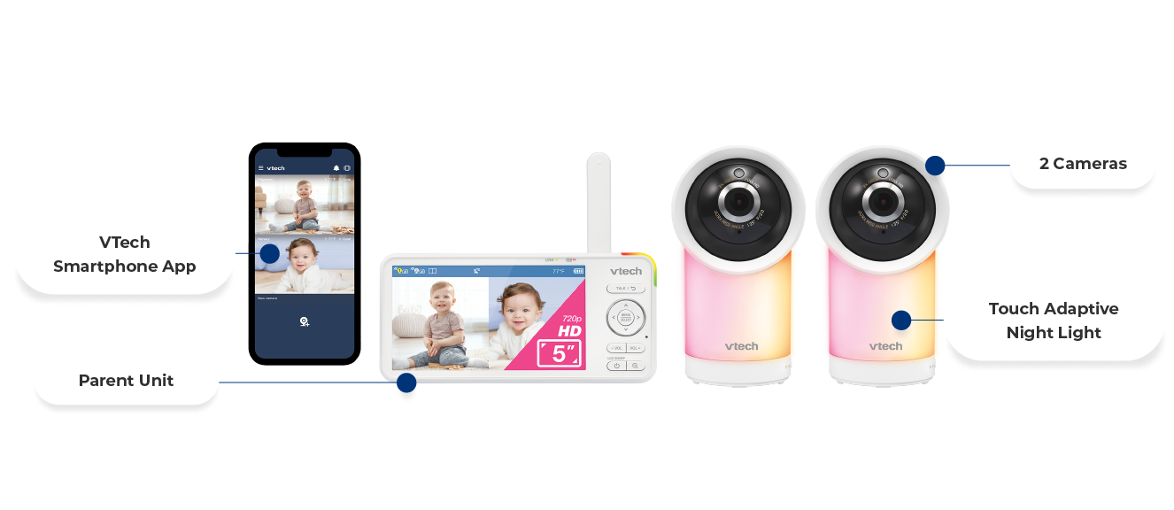 2 Cameras, Parent Unit, Touch Adaptive Night Light, VTech Smartphone App