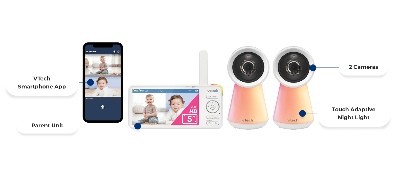 2 Cameras, Parent Unit, Touch Adaptive Night Light, VTech Smartphone App