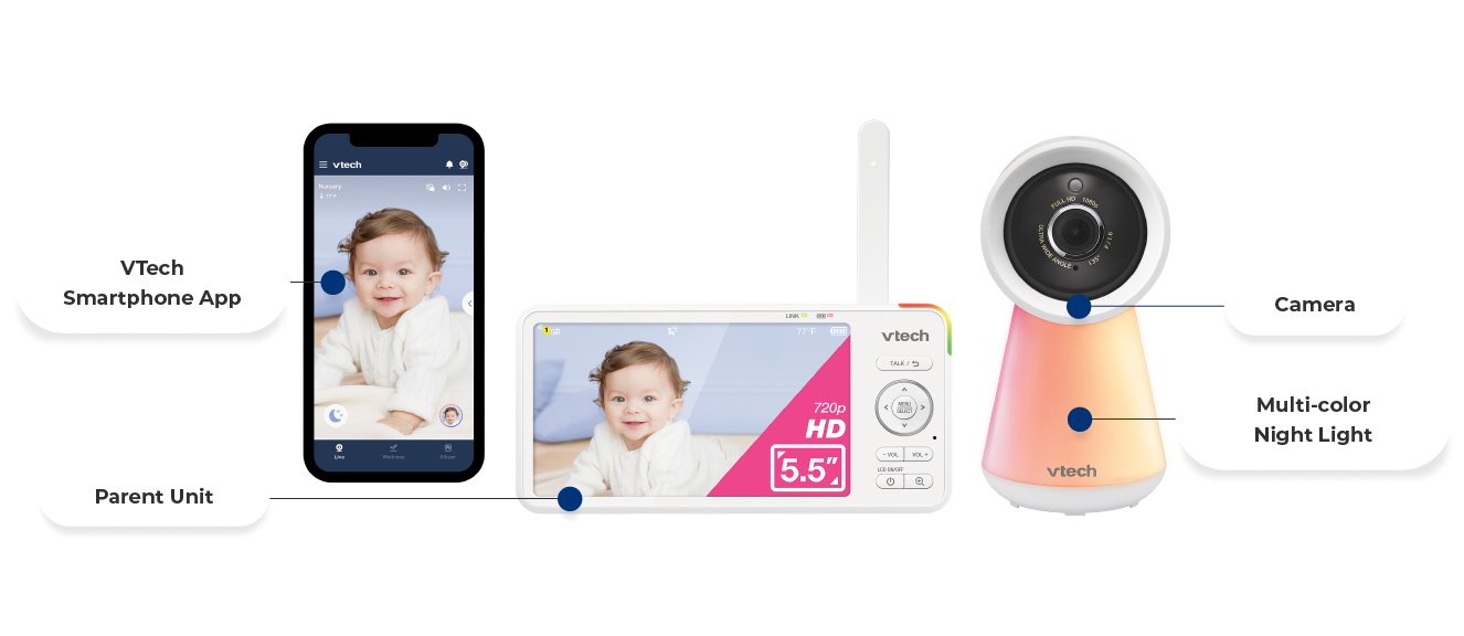 Multi-Color Night Light, Camera, Parent Unit, VTech Smartphone App