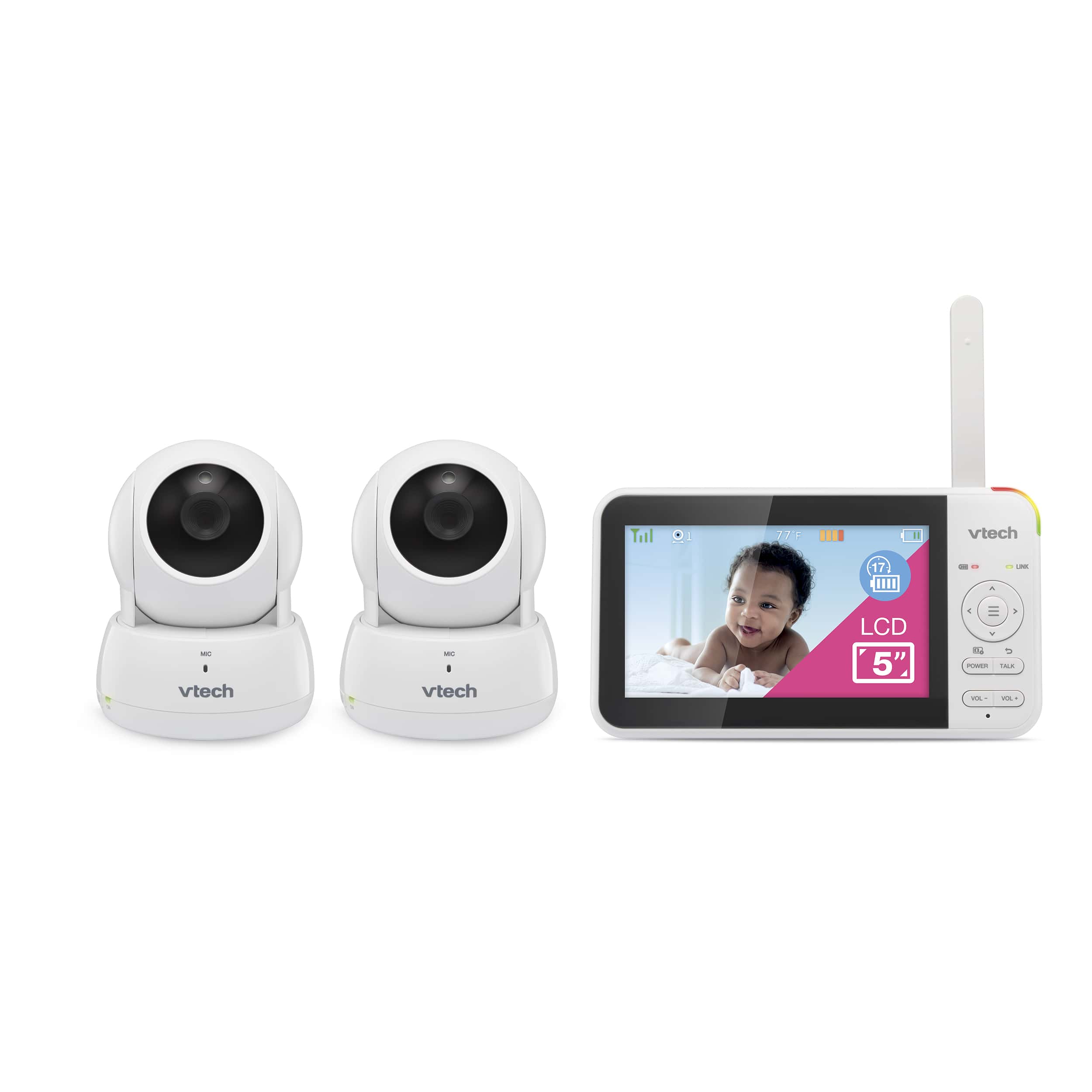 Baby Monitor,5 Large Split-Screen Video Baby Monitor with 2 Cameras and  Audio, Remote Pan/Tilt/Zoom, Two-Way Talk, Room Temperature Monitor, Auto