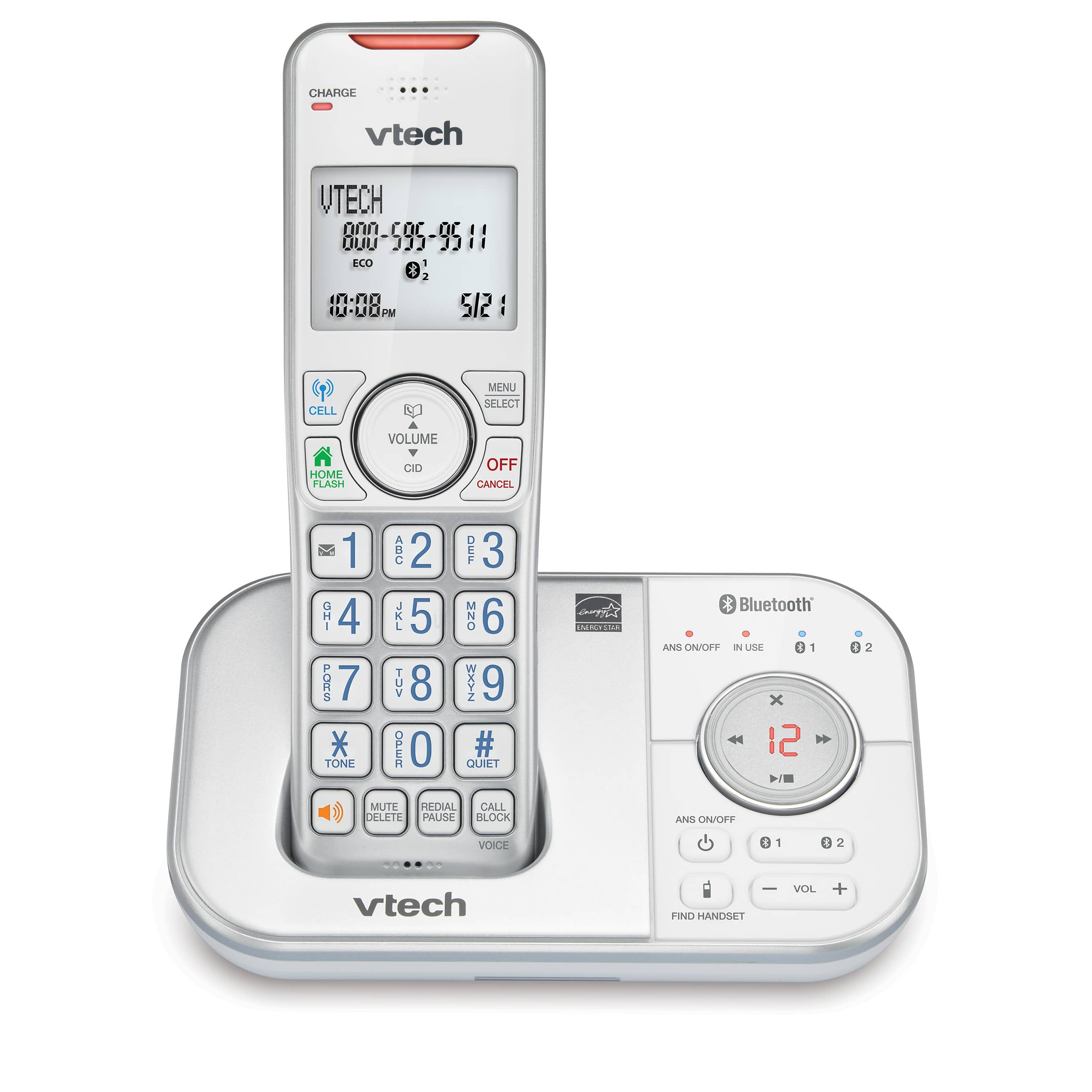 1-Handset Expandable Cordless Phone with Bluetooth Connect to Cell™, Smart Call Blocker and Answering System (Silver & White) - view 1