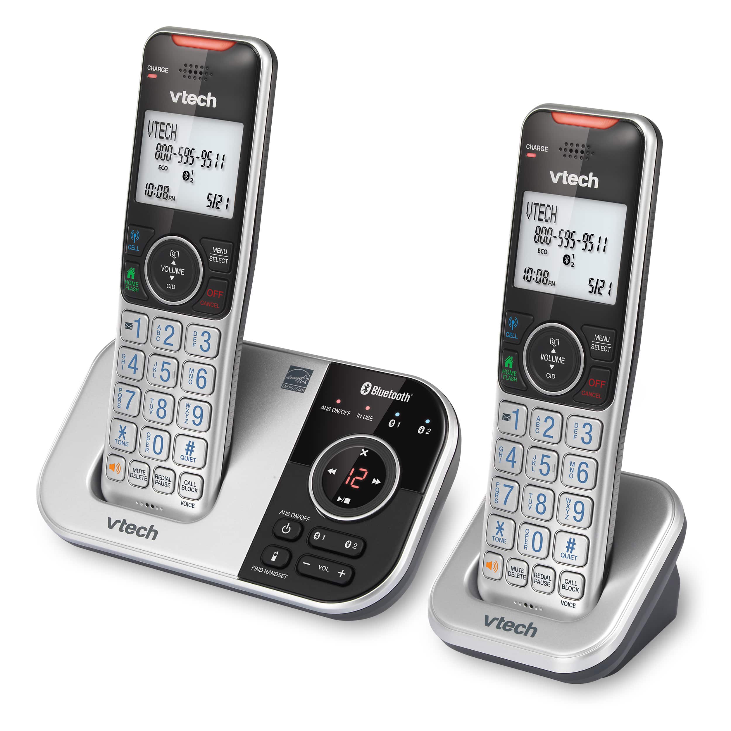 2-Handset Expandable Cordless Phone with Bluetooth Connect to Cell, Smart Call Blocker and Answering System (Silver & Black)