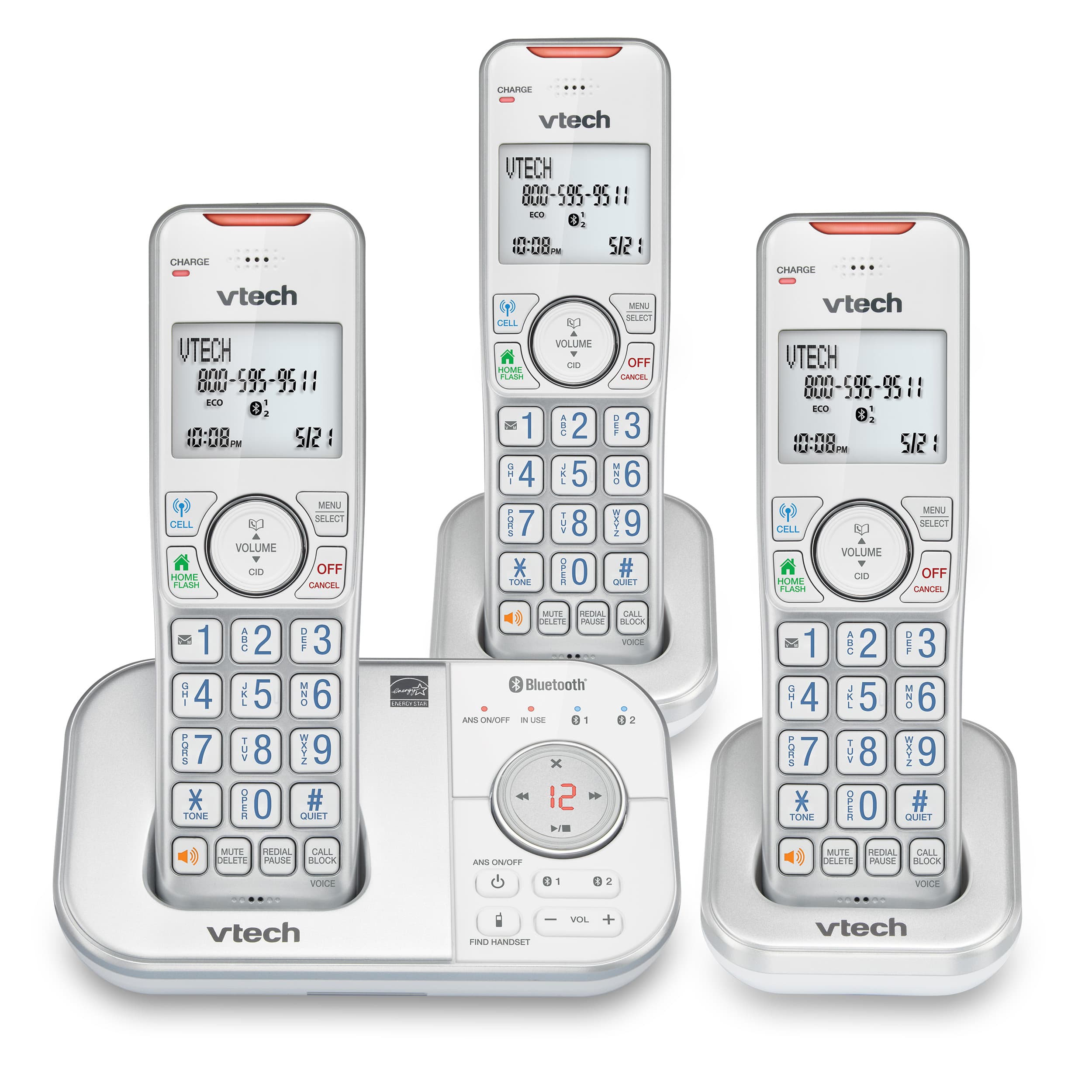 3-Handset Expandable Cordless Phone with Bluetooth Connect to Cell, Smart Call Blocker and Answering System (Silver & White) - view 1