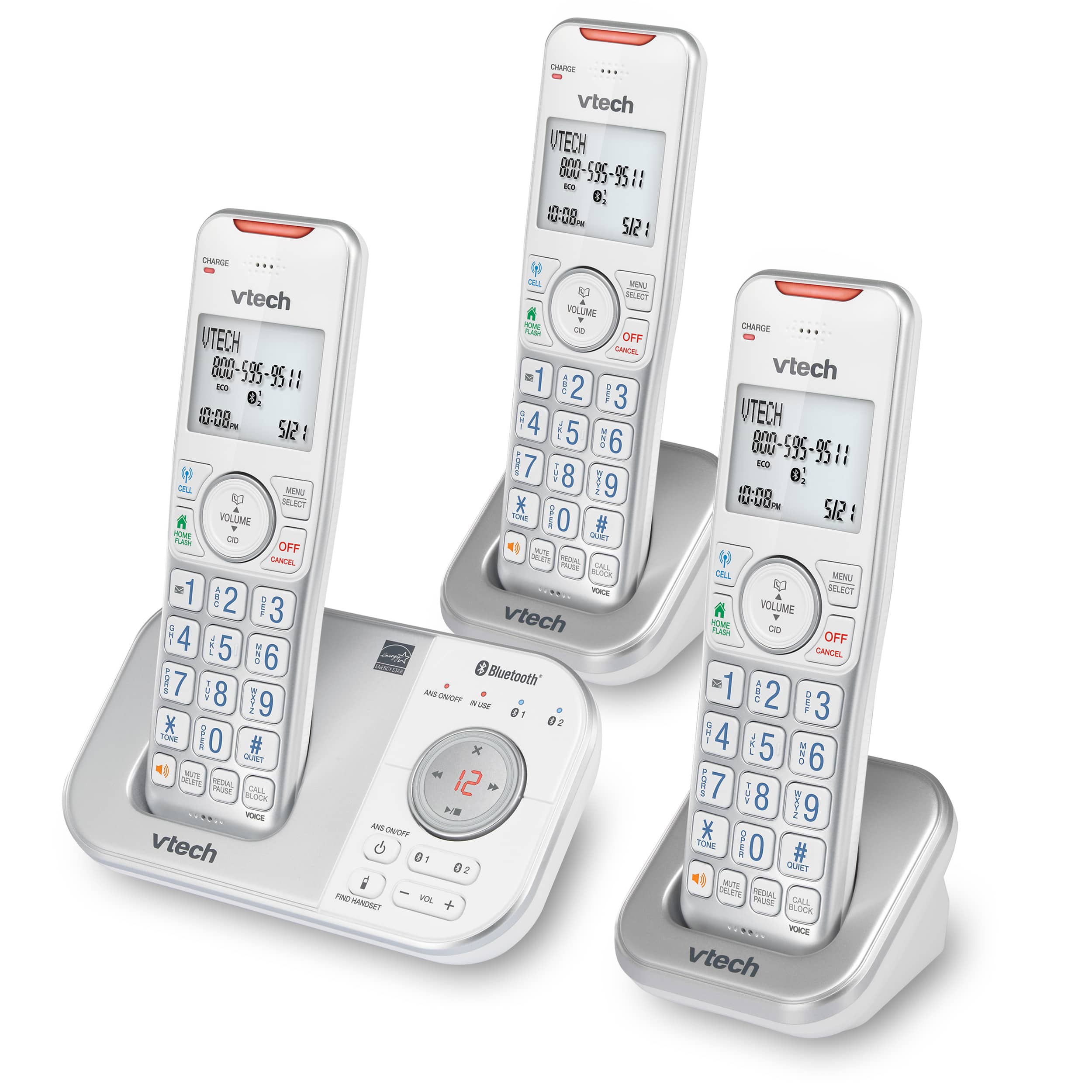 3-Handset Expandable Cordless Phone with Bluetooth Connect to Cell, Smart Call Blocker and Answering System (Silver & White) - view 2