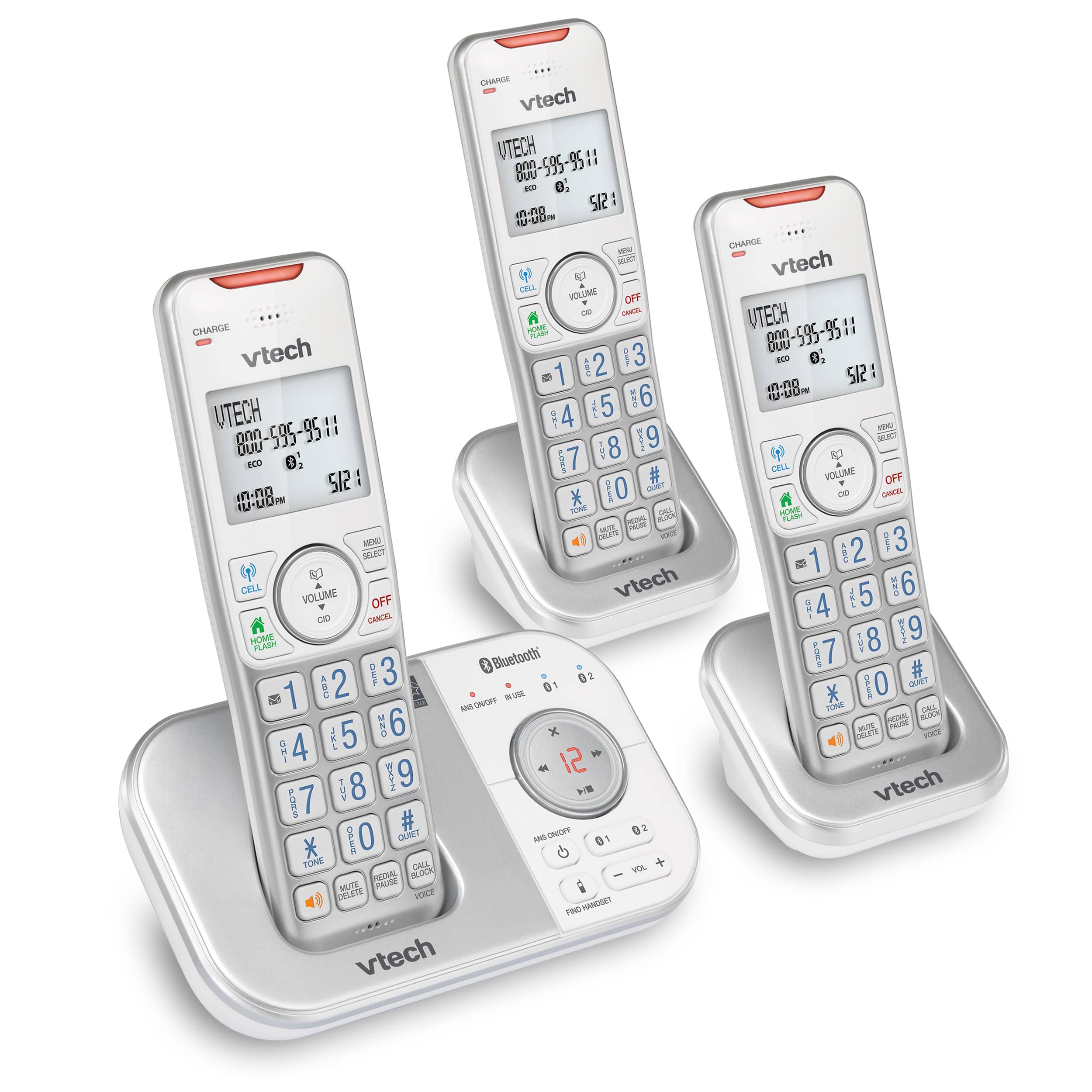 3-Handset Expandable Cordless Phone with Bluetooth Connect to Cell, Smart Call Blocker and Answering System (Silver & White)