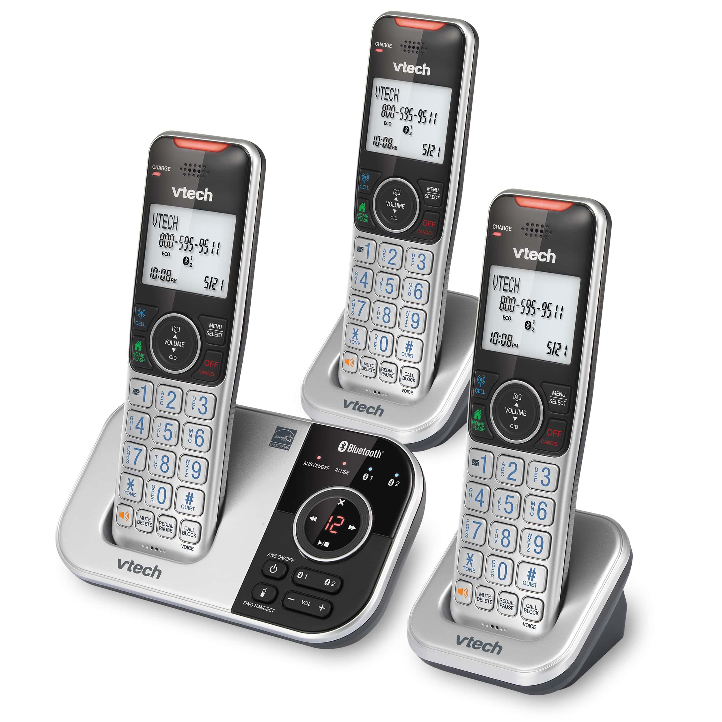 3-Handset Expandable Cordless Phone with Bluetooth Connect to Cell, Smart Call Blocker and Answering System (Silver & Black)