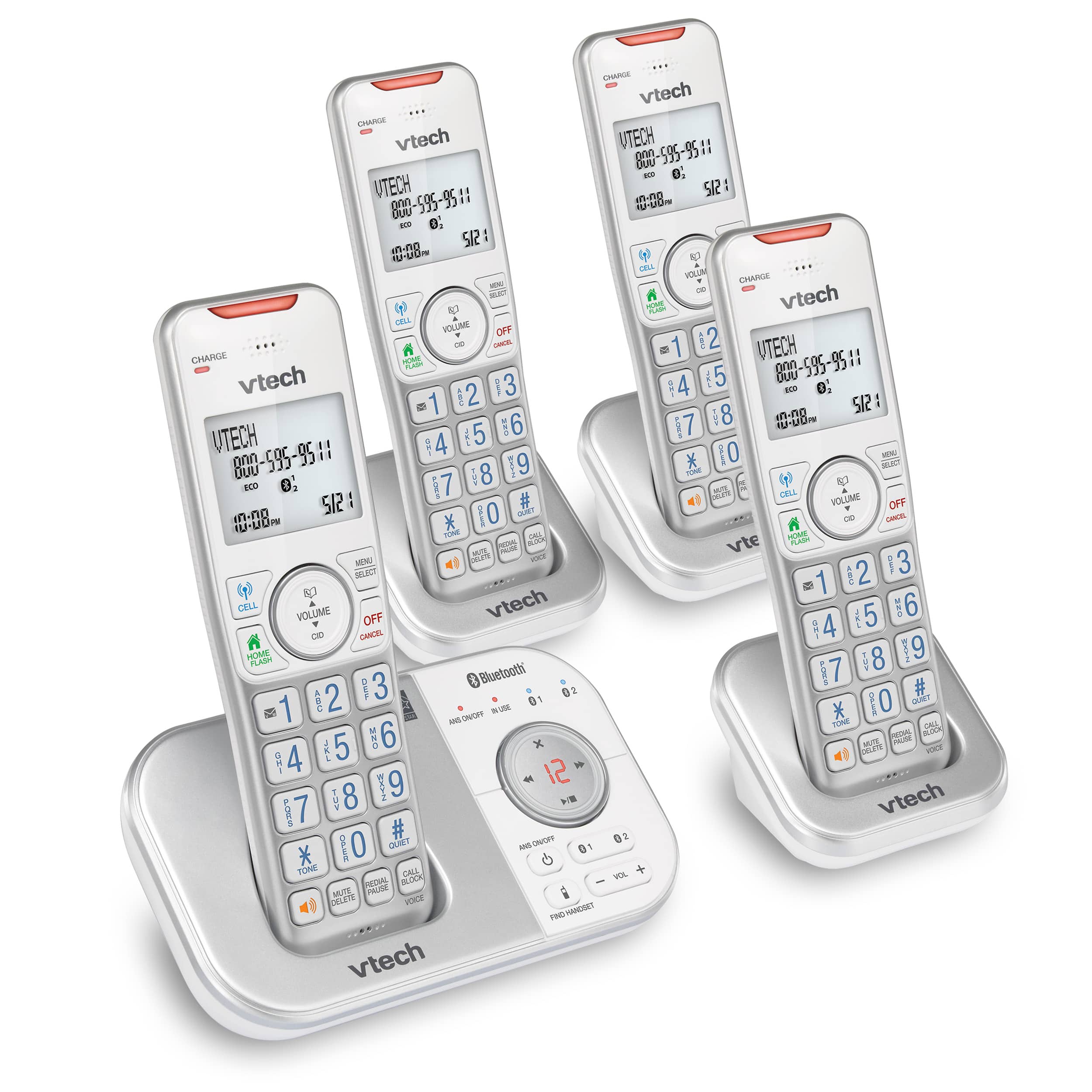 4-Handset Expandable Cordless Phone with Bluetooth Connect to Cell, Smart Call Blocker and Answering System (Silver & White)