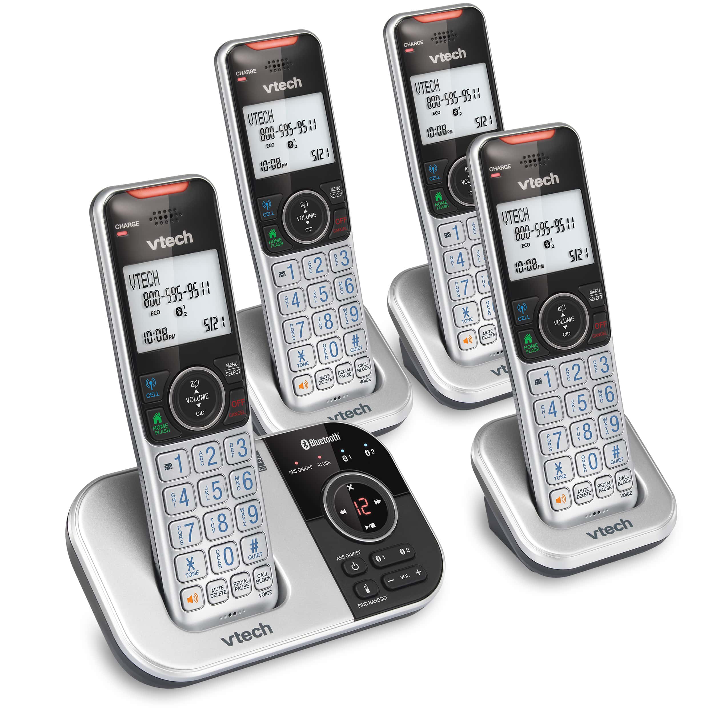 4-Handset Expandable Cordless Phone with Bluetooth Connect to Cell, Smart Call Blocker and Answering System (Silver & Black)
