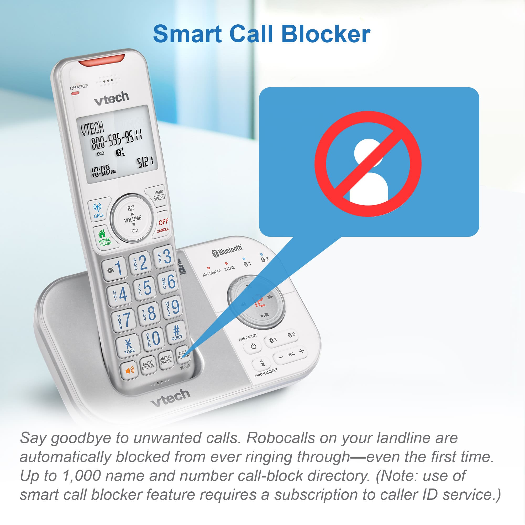 1-Handset Expandable Cordless Phone with Bluetooth Connect to Cell™, Smart Call Blocker and Answering System (Silver & White) - view 5