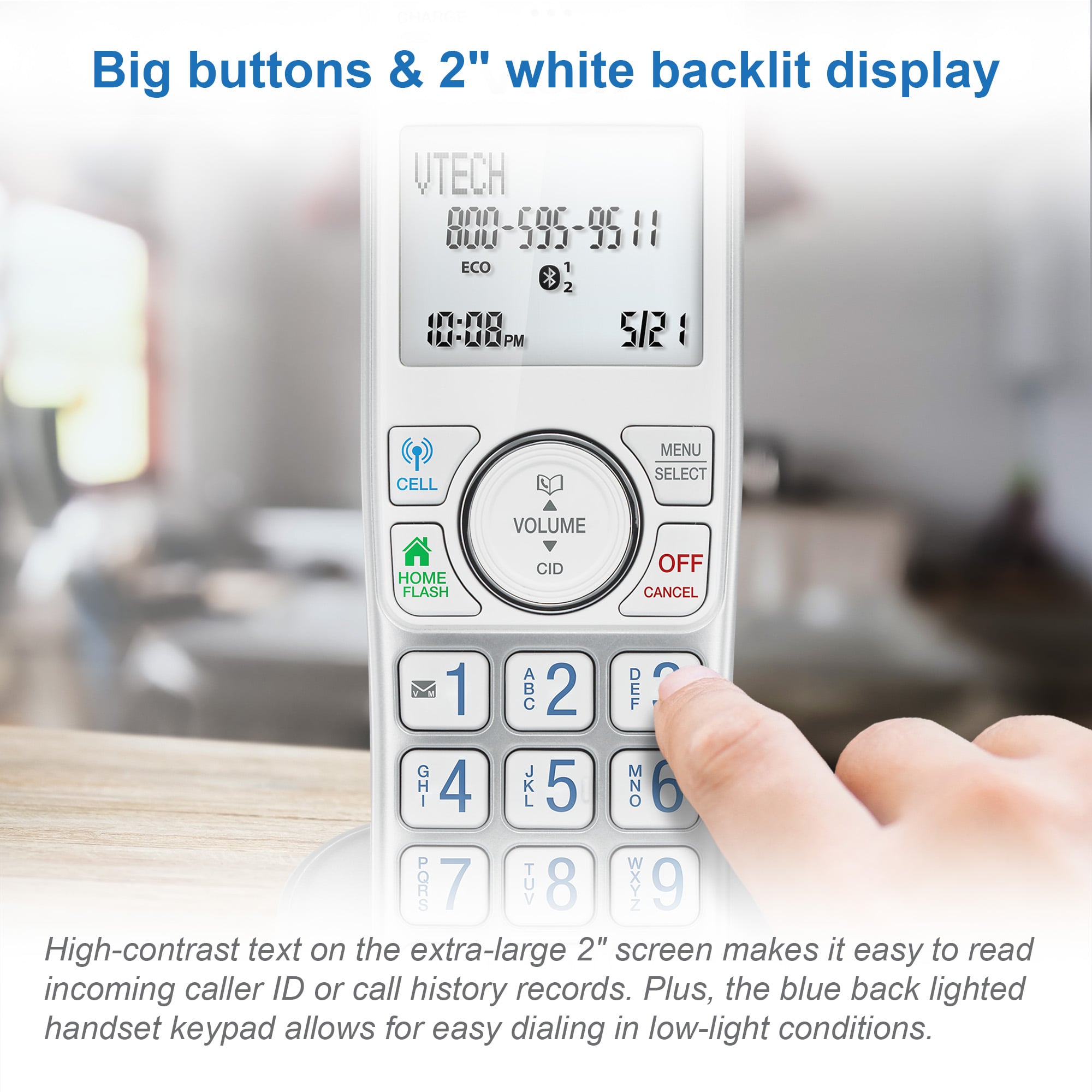3-Handset Expandable Cordless Phone with Bluetooth Connect to Cell, Smart Call Blocker and Answering System (Silver & White) - view 6