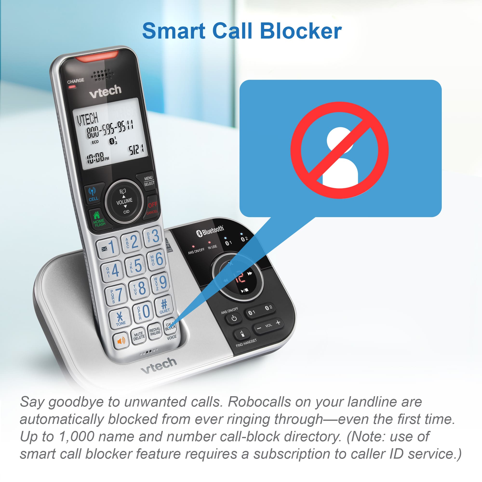 2-Handset Expandable Cordless Phone with Bluetooth Connect to Cell, Smart Call Blocker and Answering System (Silver & Black) - view 5