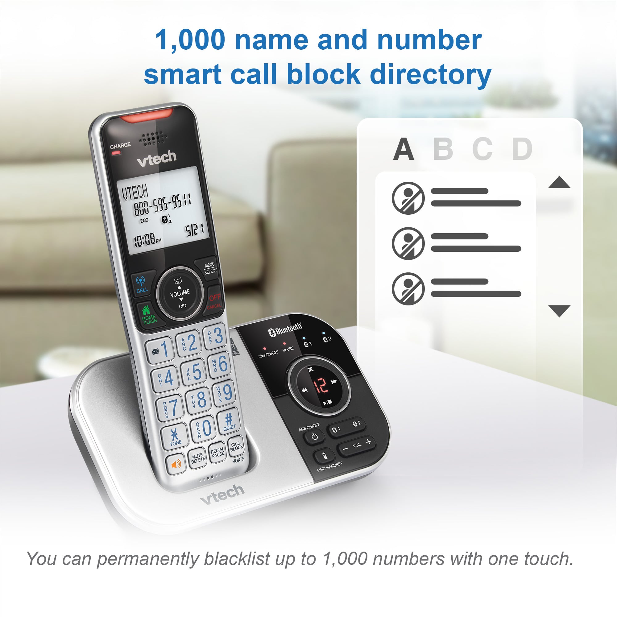 2-Handset Expandable Cordless Phone with Bluetooth Connect to Cell, Smart Call Blocker and Answering System (Silver & Black) - view 9
