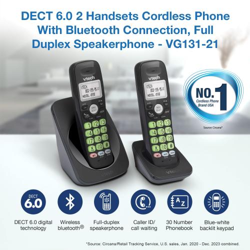 Display larger image of 2-Handset DECT 6.0 Cordless Phone with Bluetooth Connection, Full Duplex Speakerphone and Caller ID/Call Waiting (Black) - view 2