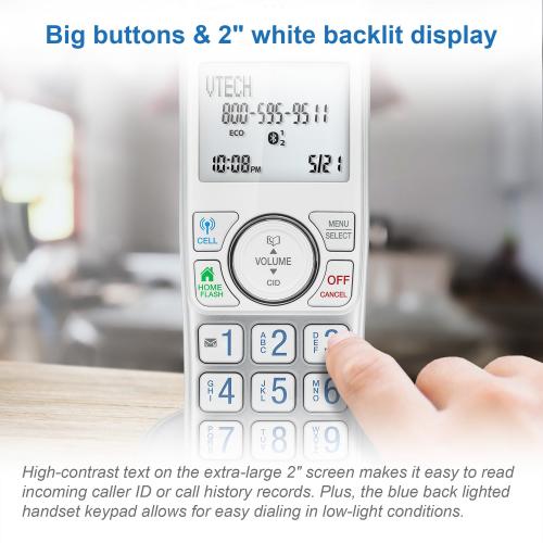 1-Handset Expandable Cordless Phone with Bluetooth Connect to Cell™, Smart Call Blocker and Answering System (Silver & White) - view 4