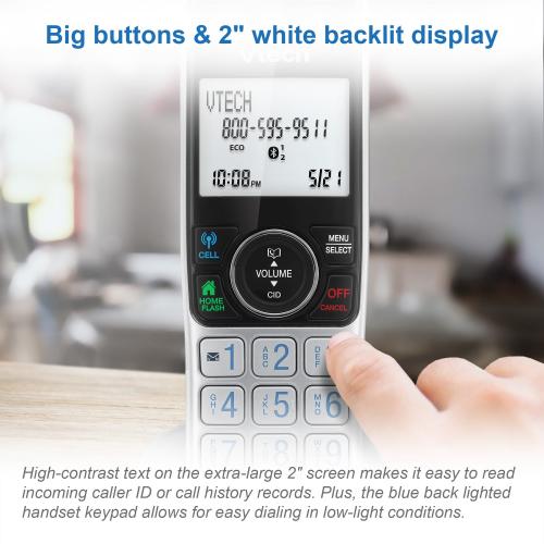 3-Handset Expandable Cordless Phone with Bluetooth Connect to Cell, Smart Call Blocker and Answering System (Silver & Black) - view 10